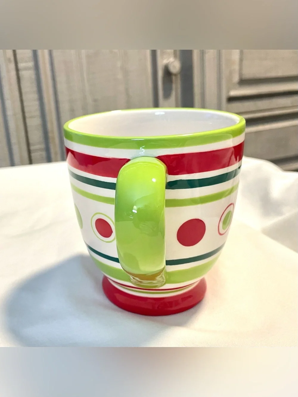 Crate & Barrel Christmas Coffee/Tea Mug/Cup-Red/Green Dots & Stripes - Retired